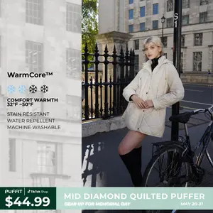 PUFFIT WarmCore Premium Mid-length Diamond Quilted Drawstring-waist PUFFER Style,Classic Diamond Pattern,Waist-cinching Lightweight Cotton Jacket,High-density Integrated Quilting Lightweight, Comfortable For Commuting, Stylish For Going Out SpringStatemen