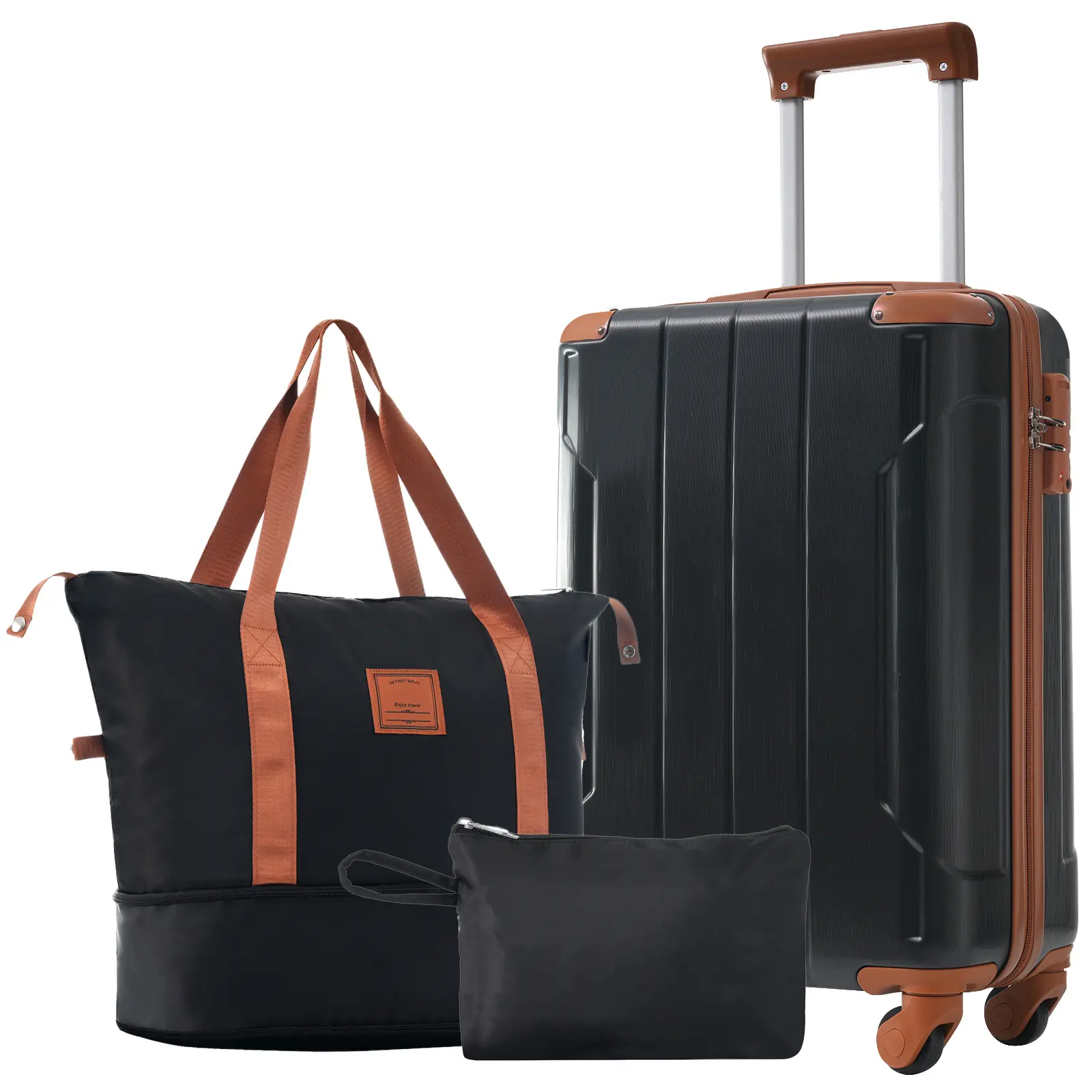 Minimally designed 3-piece luggage set with 20 inch portable bag, expandable hand luggage bag, toiletries bag, TSA aviation lock, and swivel wheel travel set