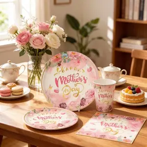 This 81-piece disposable tableware set, Disposable dinnerware, with a Mother's Day theme includes 20 dinner plates, 20 dessert plates, 20 paper cups, 20 napkins, and a tablecloth. This tableware set is perfect for camping, picnics, garden barbecues, weddi