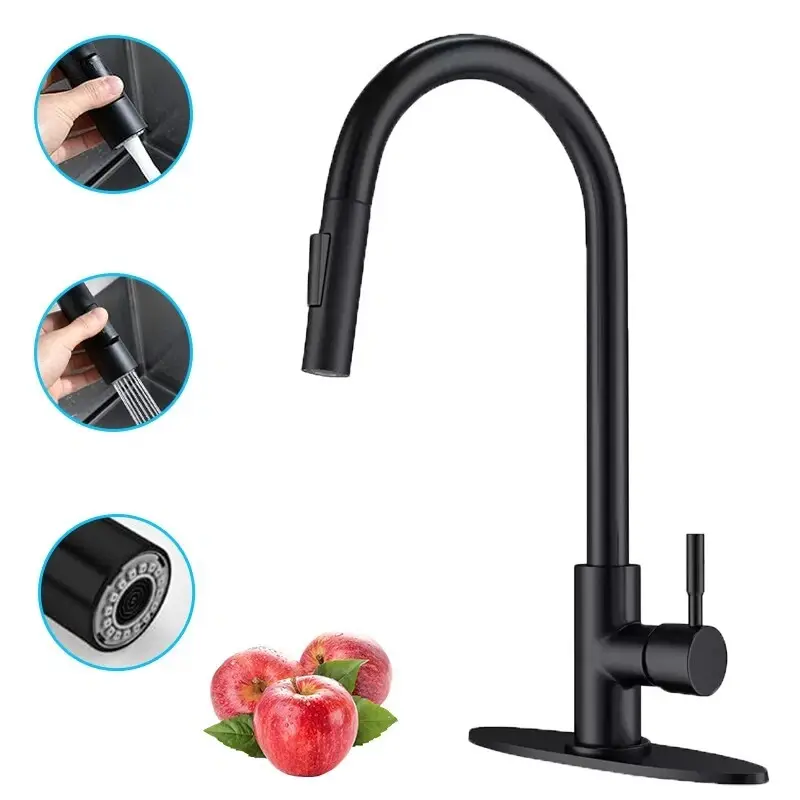Matte Black Pull‑Down Kitchen Faucet, High Arc 360° Swivel Spout Kitchen Sink Tap with 2 Water Spray Modes, Single Handle Kitchen Sink Faucet with Deck Plate for Farmhouse RV Kitchen Sink, Matte Black/Brushed Nickel for3 Holes, Brushed Gold for 1 Hole