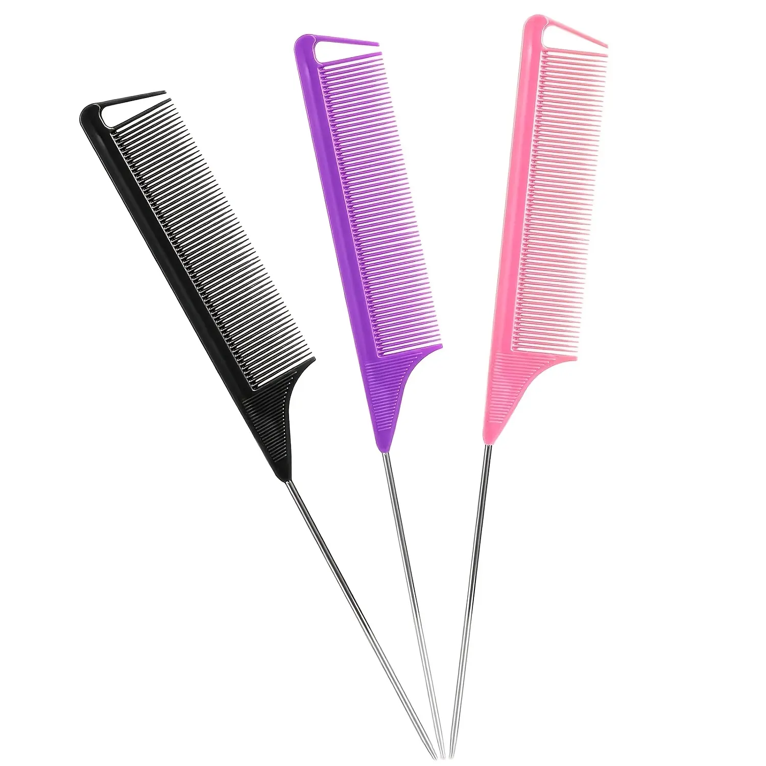 Set of 3 Long Steel Teasing Combs, Colors, Metal Dividing Comb for Salon Stylists, Suitable for Women Hairdressers, Hair Styling Combs, Hair Care Comb, Hairdressing Comb