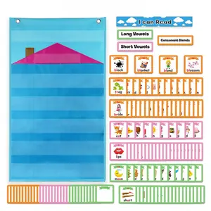 Hanging Pocket Phonics Chart with 154 Grammar Flashcards – Long Vowels, Short Vowels & Blends Cards in Blue & Purple Theme – Essential Autism Learning Resource for Classroom & Homeschool, Ideal Classroom Decoration