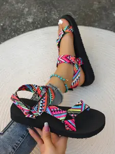 Women's Boho Style Colorful Strap Flat Sandals, Casual Trendy Slingback Sandals, Fashionable Sandals for Summer Beach Vacation, Bohemian Sandals