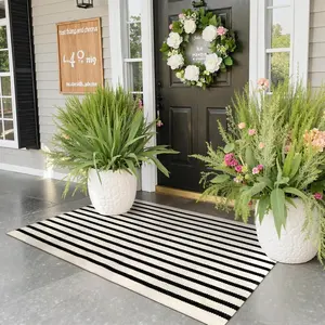 Black and White Outdoor Rug Door Mat 24"x 51", Cotton Woven Striped Front Doormat,Washable Front Porch Decor for Farmhouse Front Door Layered Kitchen Porch Decorations