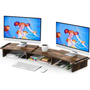Dual Monitor Stand Riser with Adjustable Length and Angle, Wood Desk Monitor Stand for 2 Monitors with Storage Space, Rust Brown Large