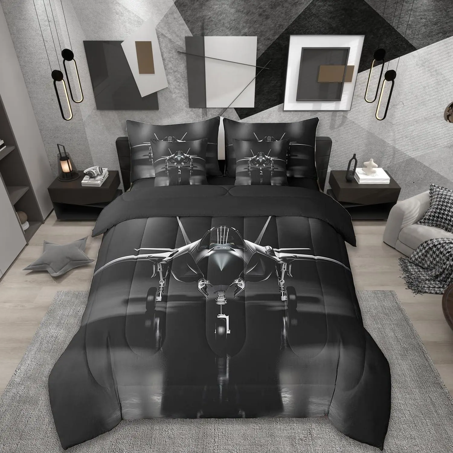 Aviation Aircraft Comforter Set,7 Piece Bed in a Bag,Airplane Aeroplane Bedding Set,Plane Airliner Sheet Set with Comforter