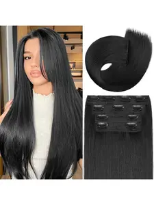 20 Inch Black Long Straight Clip in Synthetic Hair Extensions for Women - 4PCS Thick Double Weft Natural Fiber Hairpieces