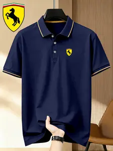 Men's Fitted Polo Shirt with Geometric Print, Elastic Comfortable Casual Wear, Breathable All-Season High-Quality Polo Top