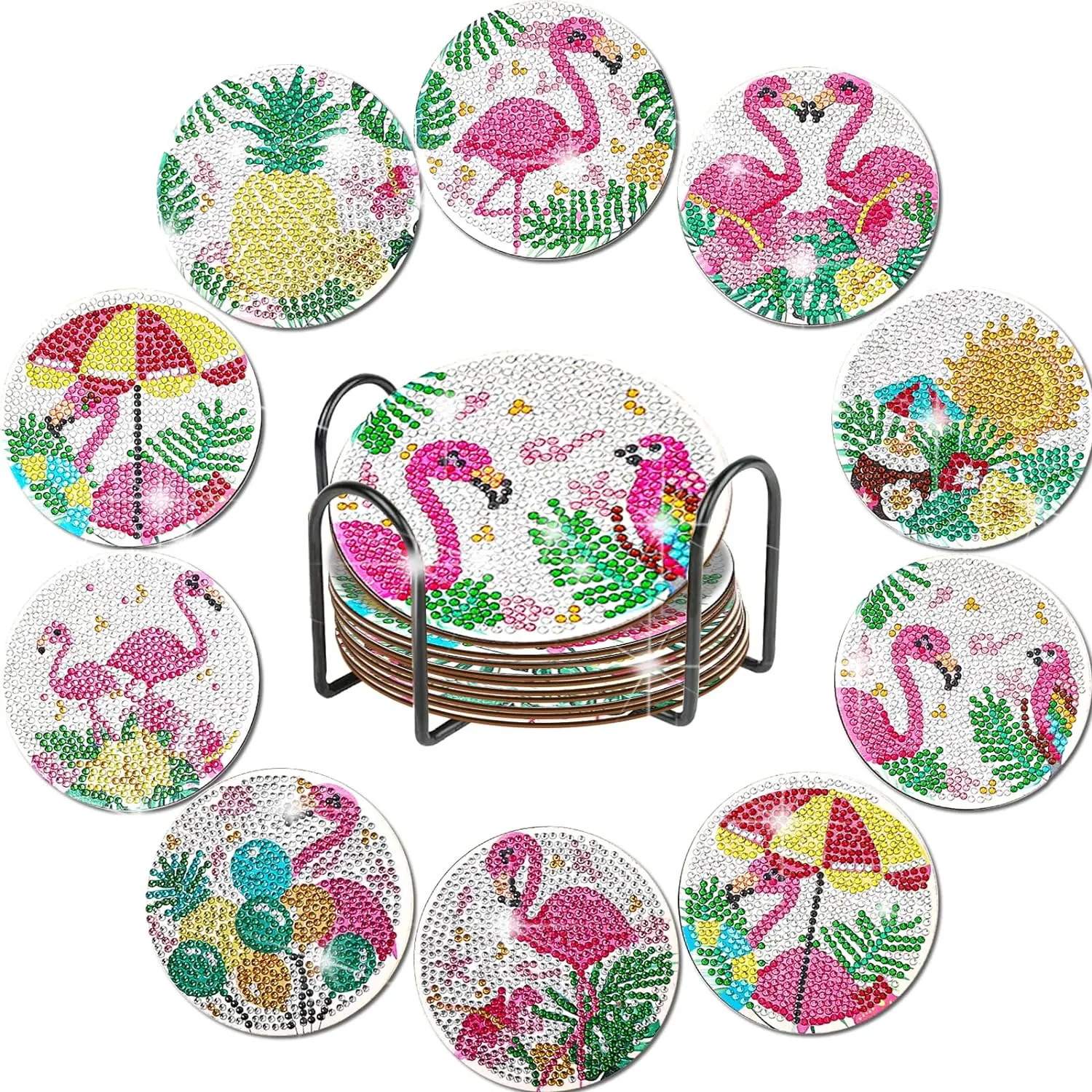 10 sets of round flamino-patterned artificial diamond painted coasters, DIY crystal diamond painted wooden coasters with stand, Decorative Coaster, suitable for adult office coffee MATS, family coasters, Home, and gifts, Diamond Painting Coasters