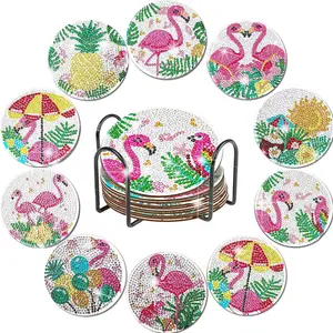10 sets of round flamino-patterned artificial diamond painted coasters, DIY crystal diamond painted wooden table art coasters with stand, suitable for adult office coffee MATS, family coasters, handicrafts, supplies and gifts, Diamond Painting Coasters
