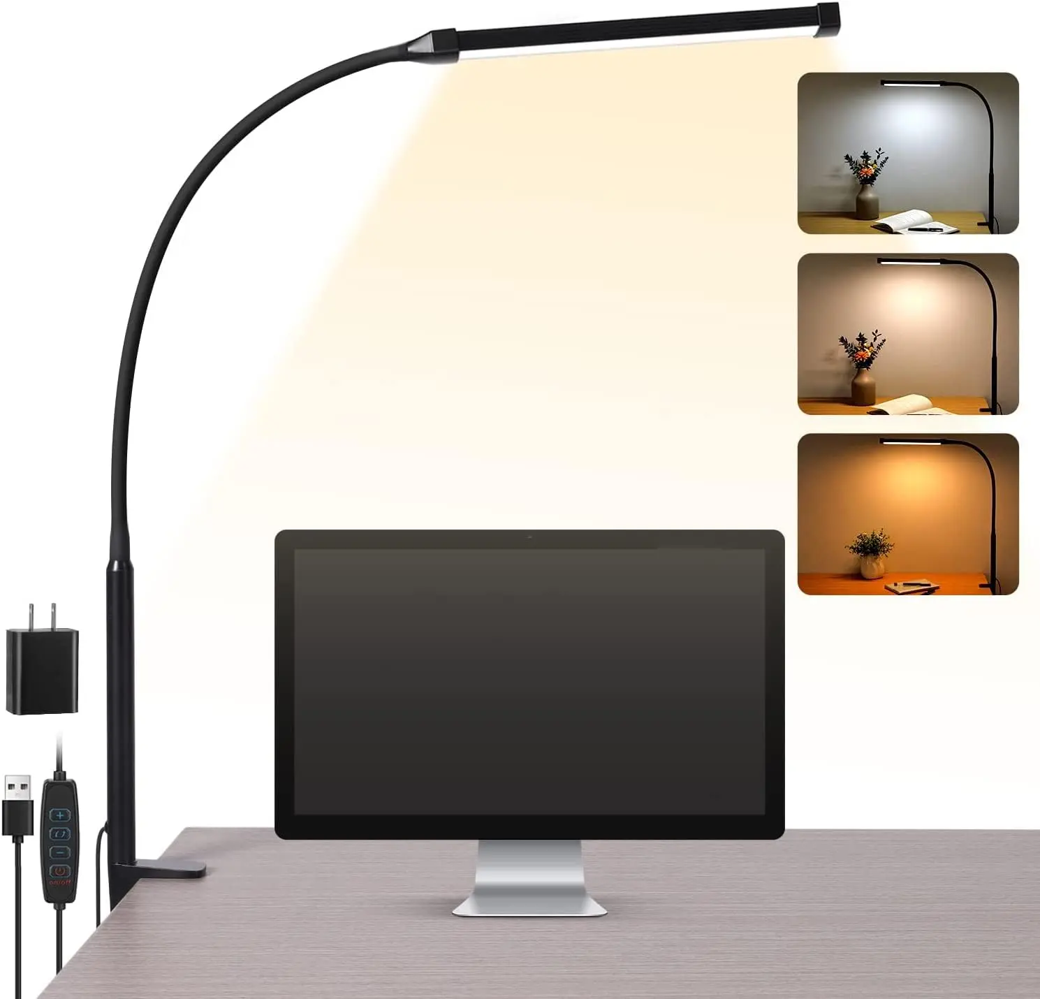 Clip-On LED Desk Lamp Clamp Adjustable home reading book Lamp with 3 Color,Smart 10 Levels Brightness,Flexible Gooseneck,Dimmable rechargeable USB charger,Drawing,college Dorm Room,Lights use Eye Caring,desktop office Accessory adapter dazuma lighting