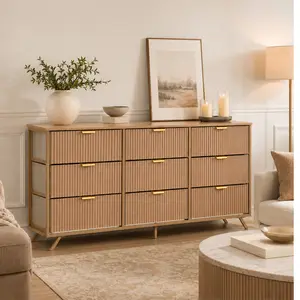 【Deals For You】9 Drawer Dresser for Bedroom, 57" Fluted Wooden Chest with Fabric Drawers, Modern Media Console & TV Stand for 35/45/55 Inch TV, Large Storage Organizer Cabinet with Reinforced Base