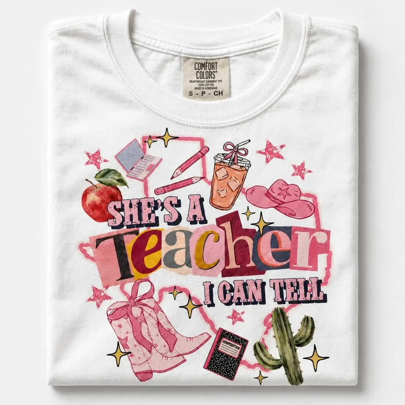 Women's Cotton Short-Sleeve Printed T-Shirt - Casual Round Neck Apparel, "She's A Teacher I Can Tell" Funny Quote, Black White Everyday Top, Back To School Classroom Idea