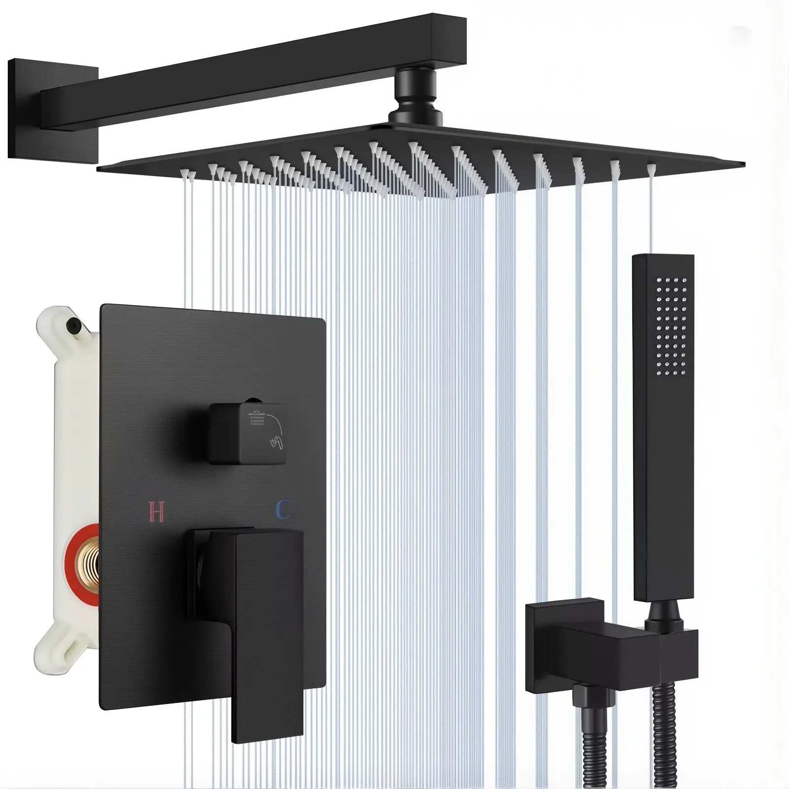 Black Shower Faucet Set, Rain Shower System with Mixing Valve, Wall Mounted 2-Functions Bathroom Shower Systems with High Pressure Rain Shower and Handheld Spray Shower Trim Included, 8/10/12/16 INCH 4 sizes to Choose