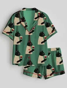 Black Cat Wine Satin Pajama Set for Women, Cute Animal Print Sleepwear, Short Sleeve Button Top with Shorts, Soft Cozy Loungewear Gift