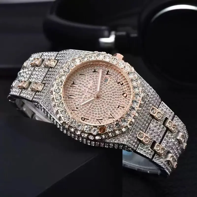 Men's 43mm Round Gold-Silver Plated Iced Out Bling Gold Watch - Baguette Lab Diamond Bezel, Analog Quartz Movement, Metal Construction, Trendy Exquisite Fashionable Party Streetwear Accessory