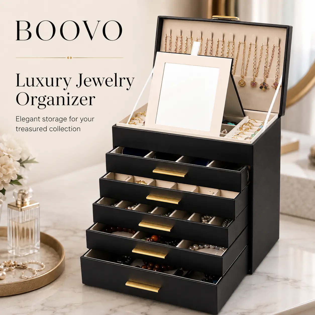 BOOVO （Black ）6-Layer Large Jewelry Box Organizer with Mirror, Multi Compartment PU Leather Storage Case for Necklaces, Earrings, Bracelets, Rings. Dustproof White Jewelry Tower, Perfect Birthday Wedding Bridesmaid Anniversary Gift Choice for Women
