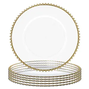 MAONAME 13" Clear Charger Plates Round Plate Chargers with Gold Beaded Rim, Table Chargers for Dinner Plates, Plastic Chargers for Table Setting, Wedding Decor