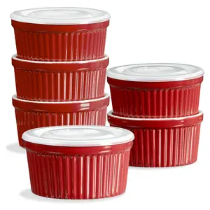 6pcs,Ramekins With Lids,8 oz Oven Safe for Creme Brulee Souffle, Porcelain Ramekin for Baking, Classic Style Small Bowls Souffle Dishes Custard Cups for Dipping Sauce,red