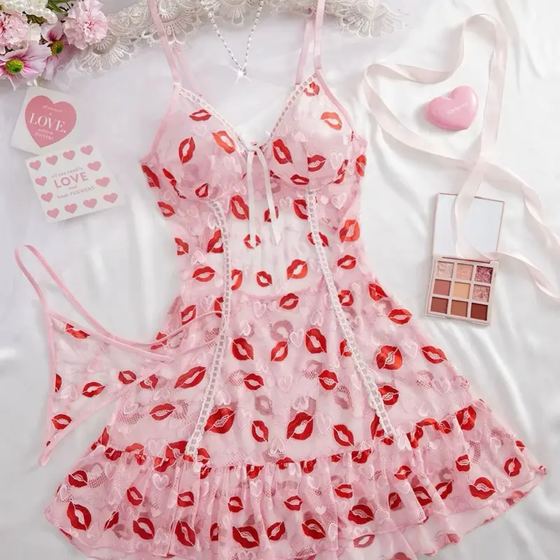 Women's 2-Piece Sheer Soft Mesh Babydoll Lingerie Nightwear - Sleeveless V-Neck, Adjustable Spaghetti Straps, Red Lip Print, Ruffled Hem, Lace Details, Matching Thong, Heart Accents, Lightweight Breathable Fabric for Romantic Nights, Cute