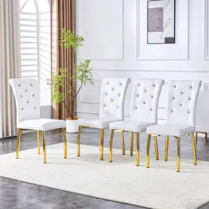 Set of 4 Faux Leather Upholstered Modern Dining Chairs, Retro Alligator Skin Design with Crystal Button Tufting, Gold Plated Metal Legs, Water-Resistant & High Load Capacity for Kitchen/Living Room, White