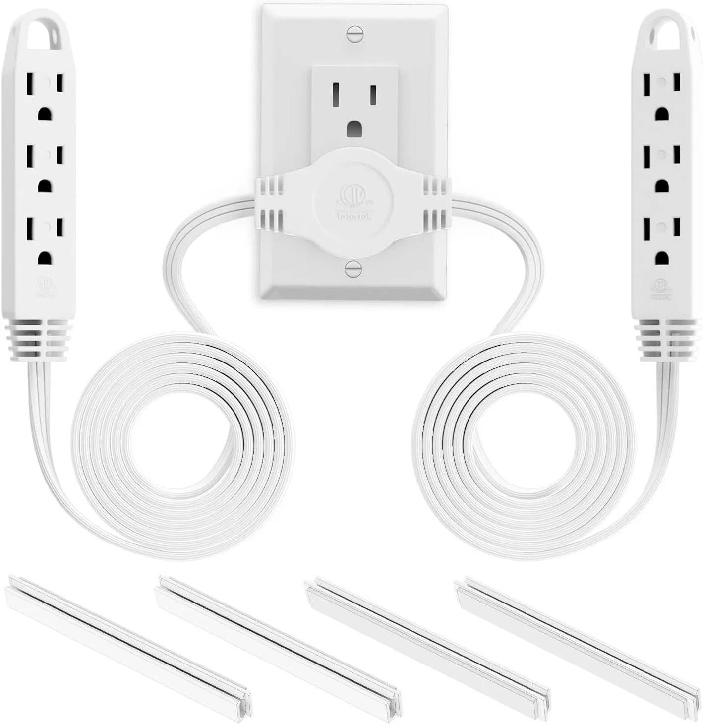 3 Prong 12   Extension Cord Power Strip, 6  on Each Side, Flat  Outlet Plug, 6 Outlets, Double Extension Cord Splitter for Indoor Use, ETL Listed, White