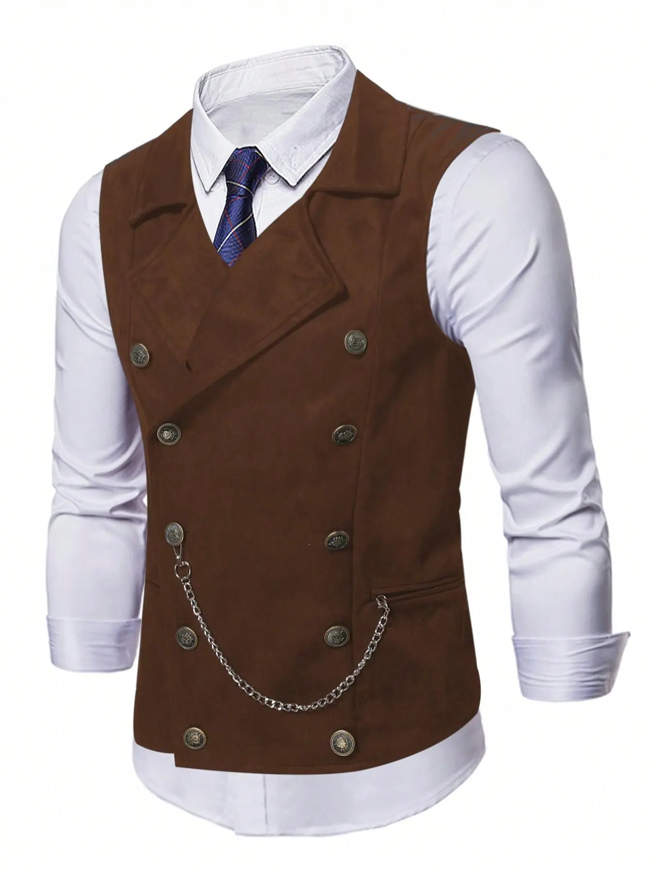 Men's Solid Color Double Breasted Collared Suit Vest with Chains, Regular Fit Formal Casual Retro Style Sleeveless Button Front Vest for Wedding Party, Business Formal Wear, Business Work Clothes