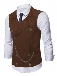 Men's Solid Color Double Breasted Collared Suit Vest with Chains, Regular Fit Formal Casual Retro Style Sleeveless Button Front Vest for Wedding Party, Fashion Men's Clothes for All Seasons, Menswear
