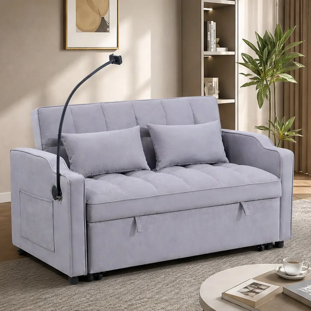 2-Seat Rectangular Casual ARCH Armless Convertible Sofa Bed - Quick Set-Up Comfy Futon Loveseat, Adjustable Backrest, USB Ports, Swivel Phone Stand, Upgraded Suede, Plywood Frame, for Living Room Watch Party (36.22in W x 52.76in D x 31in H), Two Seats