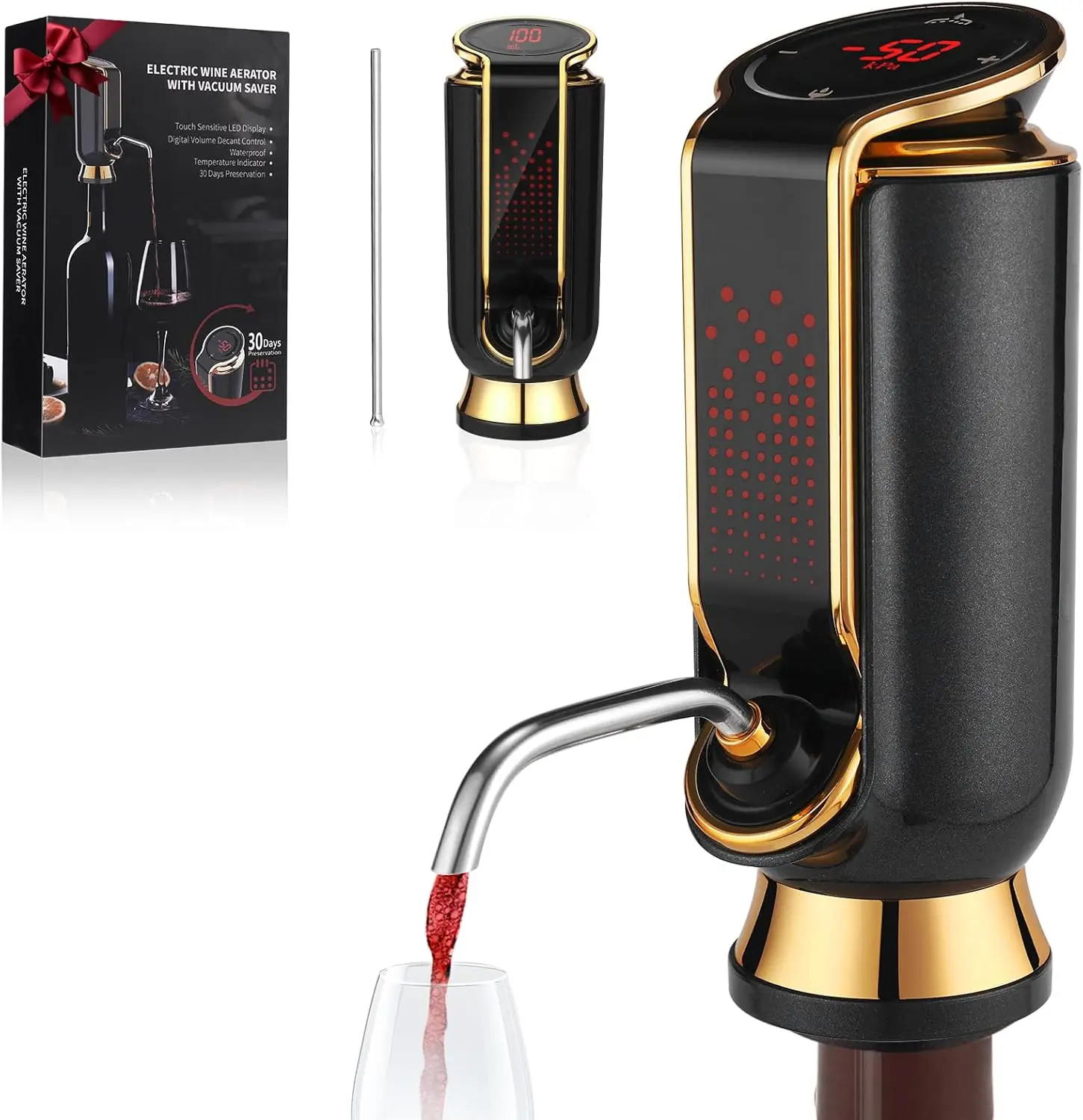 BLUBYEES Luxurious 4-in-1 Electric Wine Aerator, Decanter, Dispenser & Vacuum Saver with LED Display - Wine Pourer Gift for Women and Wine Lovers