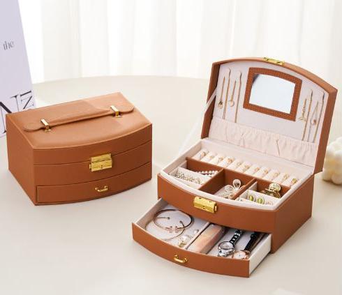 small room organization products.2-layer jewelry PU leather box, 1 set of large-capacity jewelry storage box with drawers, lockable jewelry box, portable mini travel case for jewelry display and storage, small portable case for storing rings, earrings