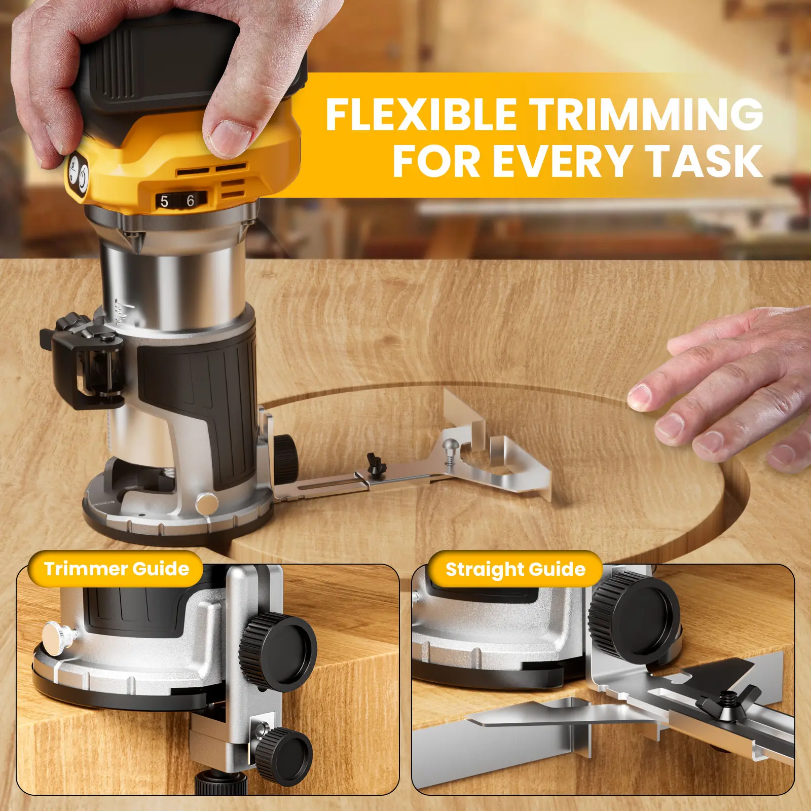Cordless Compact Router for 20V Battery, Battery Included, 6 Variable Speeds Router Tool for Woodworking, 30,000 Fixed Base Wood Router with Trim Router Bits, Edge & Roller Guide, Dust Hood