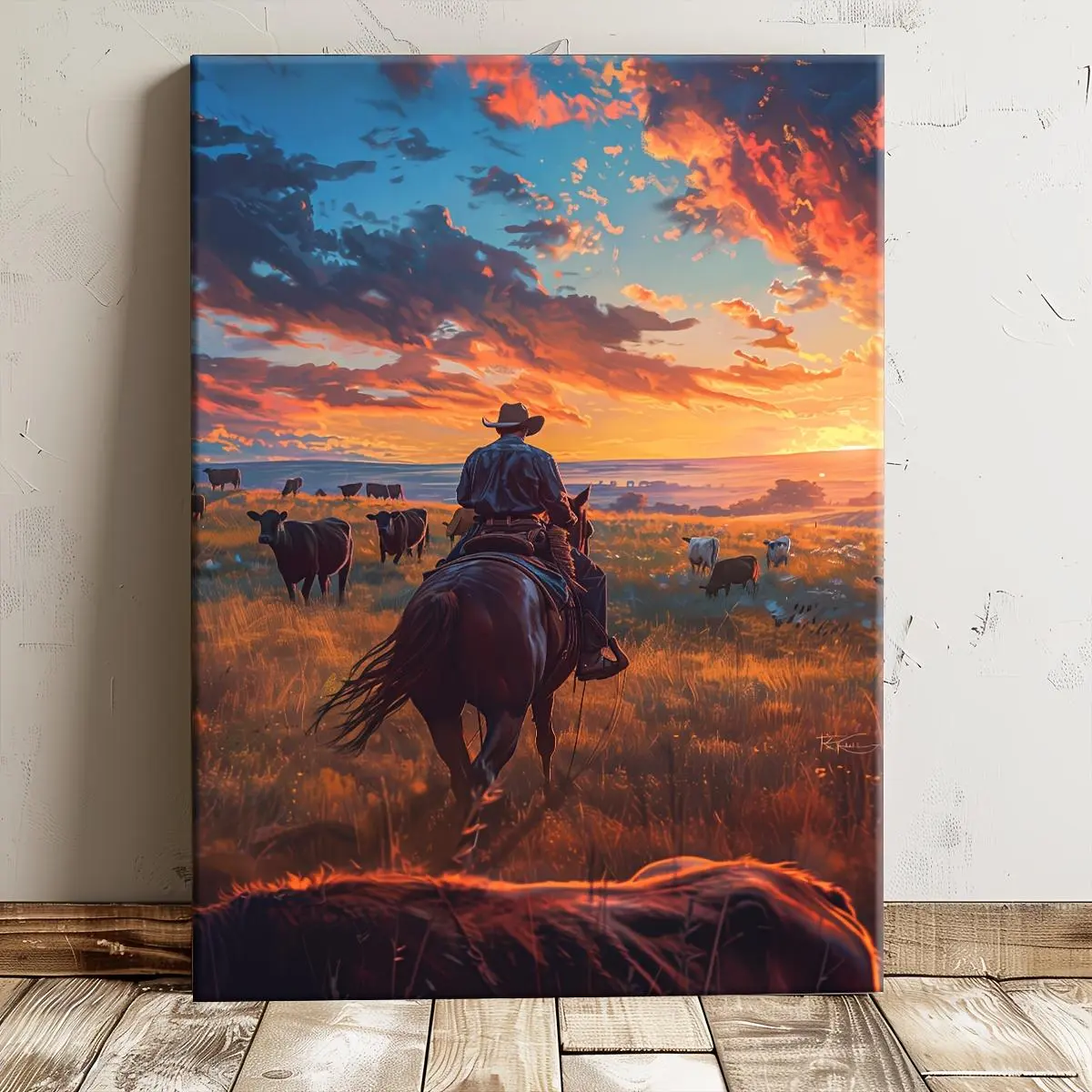 1pc Rustic Ranch Western Scene Canvas Print - Cowboy Cattle Herding Sunset Poster, Pine Wood Wrapped Wall Art, Country Rustic Decor for Living Room, Bedroom, One-Piece, Landscape