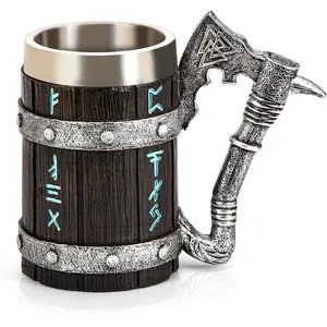Mug 20oz Stainless Steel Double Wall Heavy Mug, Hand-Carved Oak with Norse Runes,  Handle Tankard Gifts for Men Medieval Drinking Cup, Cool  Stein for  Bar  Decor