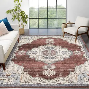 GARVEE Vintage 8x10 Washable Medallion Area Rug - Low Pile, Distressed, Non-Slip Retro Accent Carpet for Living Room, Bedroom, Dining, Office - Rust/Beige