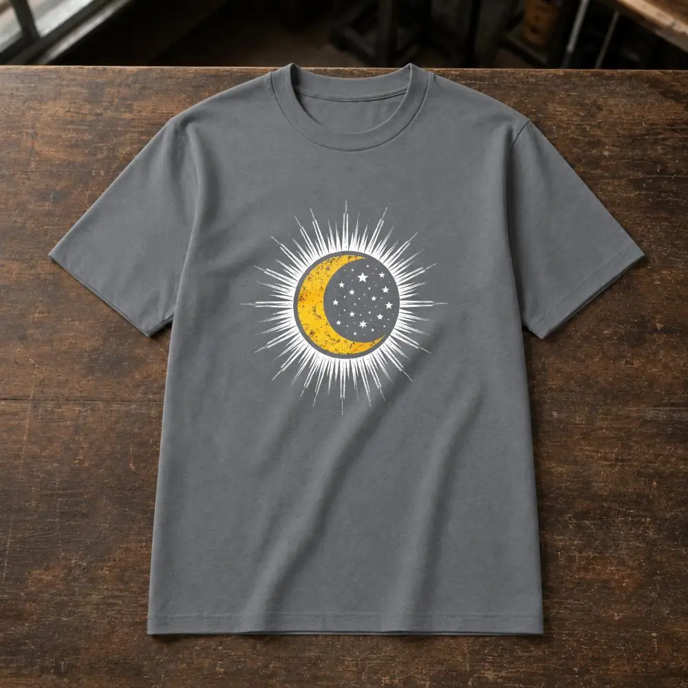 Men's Vintage Celestial Sun-Moon Graphic Art T-Shirt - Cotton Fabric, Classic Fit, Unisex Summer Casual Wear, Gift for Astronomy Lovers
