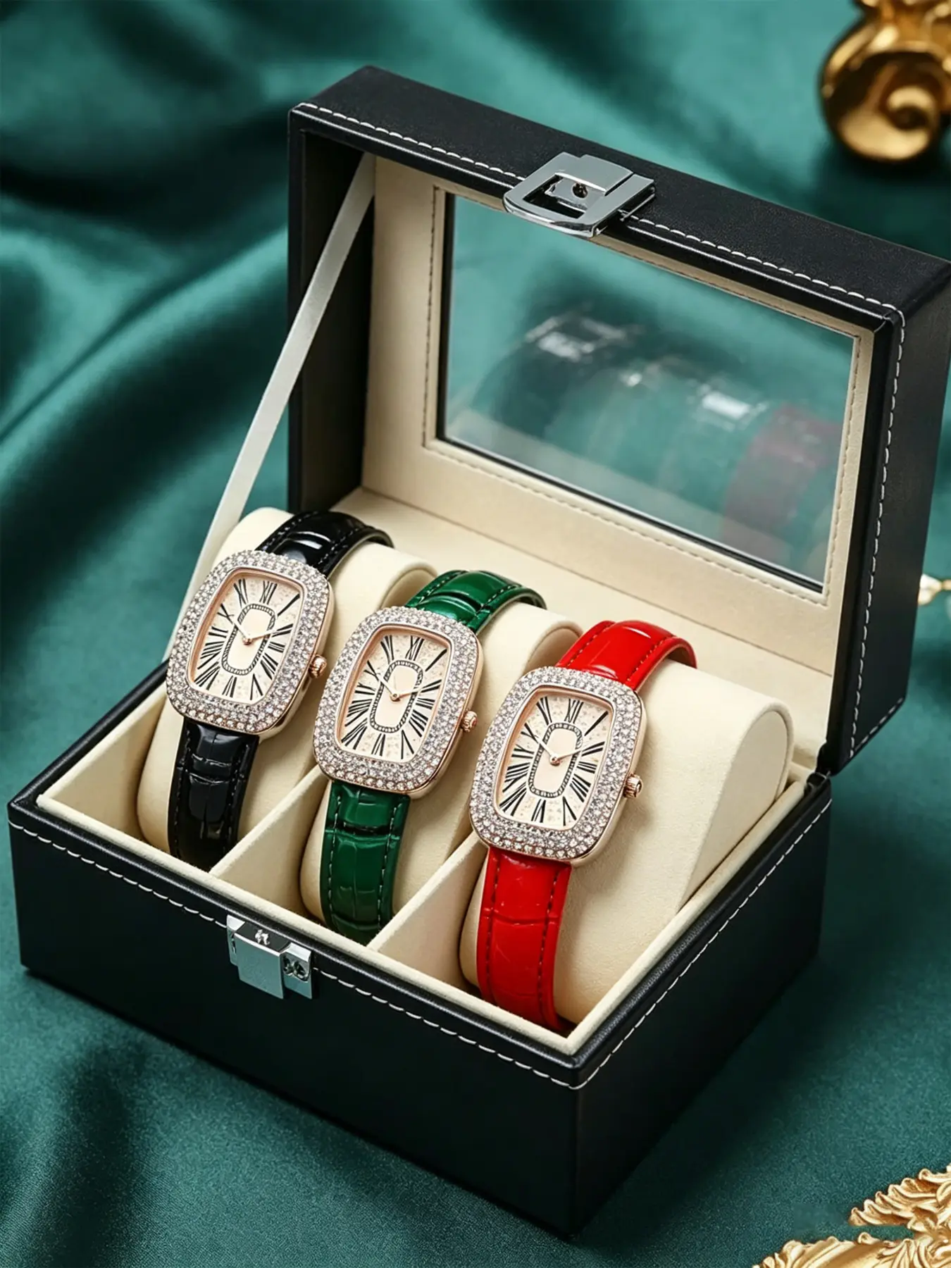 3 counts - Elegant women's quartz watch, PU leather fashionable strap, fashionable long dial, suitable Mother's Day gift