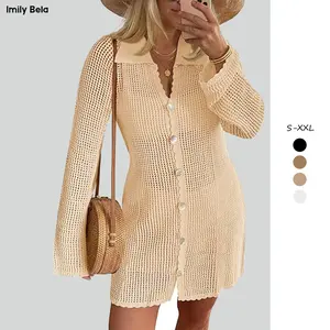Imily Bela Womens Crochet Swimsuit Coverup Button Down Long Sleeve Cardigan Mini Dress Beach Cover Ups Vacation Outfits