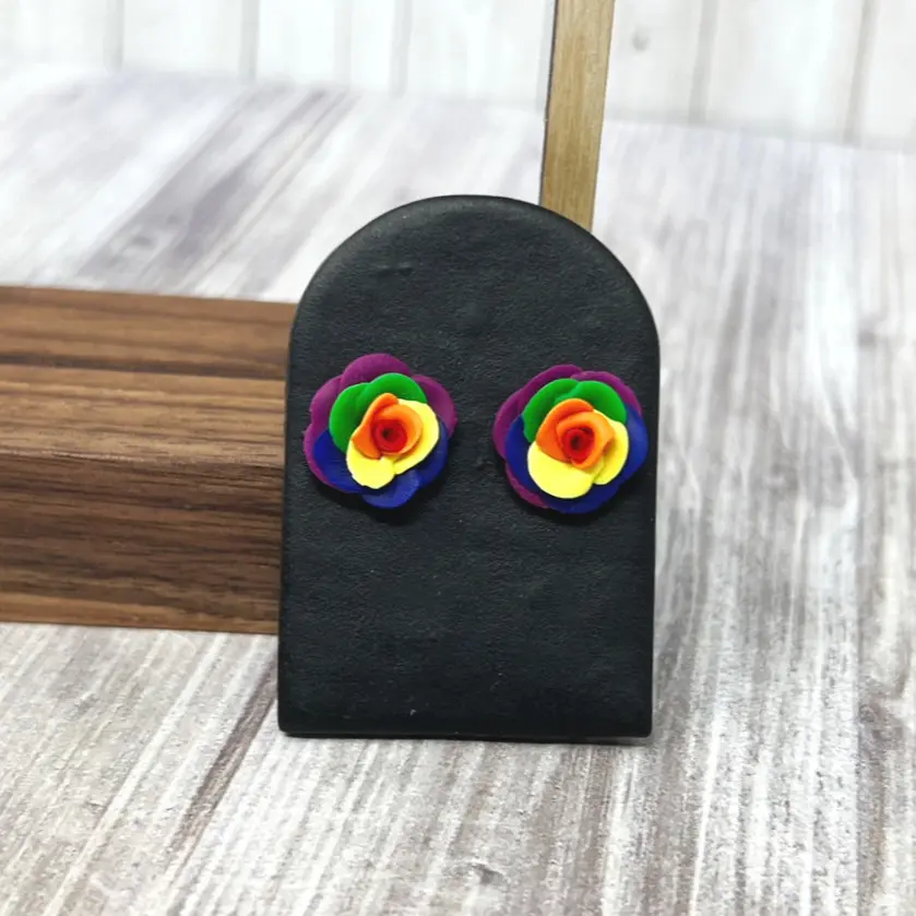 LGBTQIA+ Pride Rose Stud Earrings | Handmade Polymer Clay Jewelry | Rainbow, Gay, Bisexual Bi Lesbian wlw mlm pansexual pan trans transgender queer accessories