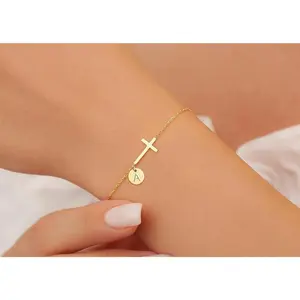 Cross Bracelet for Women Cross Bracelet with Initials Gold Link Chain Bracelets Christian Gifts for Women Teens Easter Baptism Religious