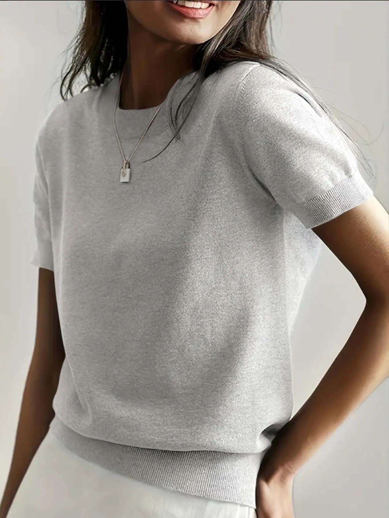 Women's Solid Color Crew Neck Short Sleeve Lightweight Loose Knit Pullover - Cozy Contemporary Non-Customized Women's Clothes, Ideal for Spring & Fall Daily Wear, Lightweight Women's Pullovers