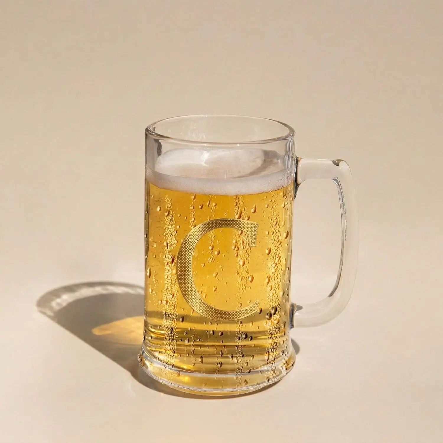 COLLECTIVE HOME Personalized Monogram Beer Mug - 14oz Glass Stein with Gilded Accents, Ready-to-Gift in Designer Box, Premium Gift Box for Men, Birthday or Father's Day (C)