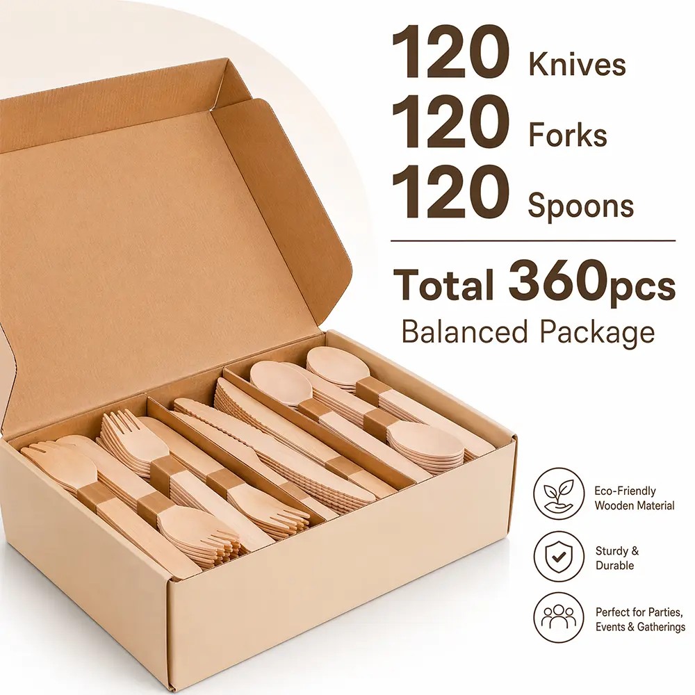 Compostable Cutlery Set - 360 Pieces Wooden Compostable Utensils [120 Forks, 90 Knives, 90 Spoons] - Disposable Wooden Cutlery, Eco Friendly Forks And Spoons Disposable Cutlery Set Party Utensils