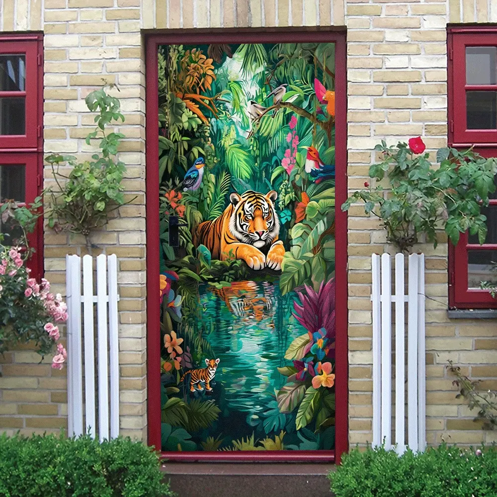 2pcs   Tropical Jungle Tiger Wall Stickers Kids Room Bedroom Living Room Background Wall Decor Self Adhesive Removable Waterproof Cartoon Animal Mural Home Wall Decoration Jungle Animal Theme Stickers