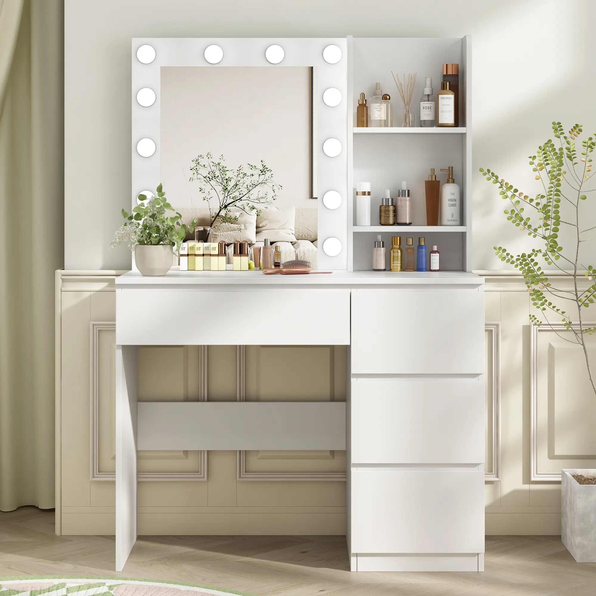 [tiktokshopbacktoschool] Vabches Modern LED Makeup Vanity Desk, 37in Makeup Vanity with Lights, Power Strip, 4 Storage Drawers & Lighted Mirror with 3 Lighting Colors, White