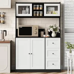 Kitchen Storage Cabinet, 67" Tall Kitchen Hutch Cabinet with Led Lights, Microwave Countertop, Modern Coffee Bar Cabinet with 3 Drawers and Shelves for Living Room