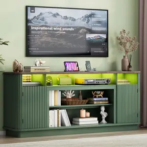 70" Fluted TV Stand for TVs Up to 80 inch Modern Entertainment Center Wood Media Console w/Power Outlets and LED Lights, Adjustable Shelves for Living Room,Black/Green/Natural