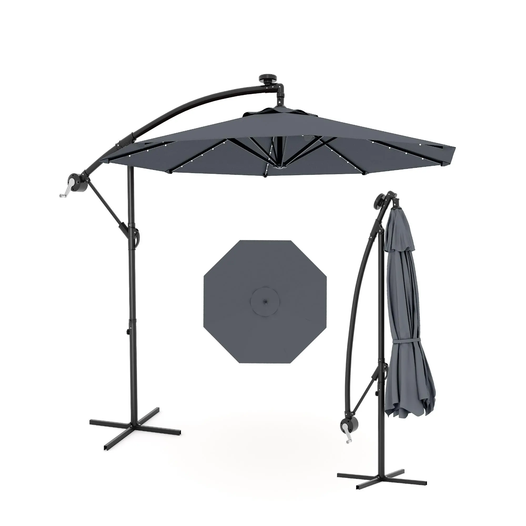 10FT Cantilever Patio Umbrella with Solar LED Lights, UV & Waterproof Offset Parasol with Adjustable Tilt & Sturdy Cross Base, Perfect for Garden, Poolside & Backyard