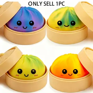 Colorful Dumpling Shape Toy with Steamer Box, Fun Squeeze Dough Stress Ball, Realistic Steamed Bun Squishy Stress Relief Toy, Travel Aid, Gift