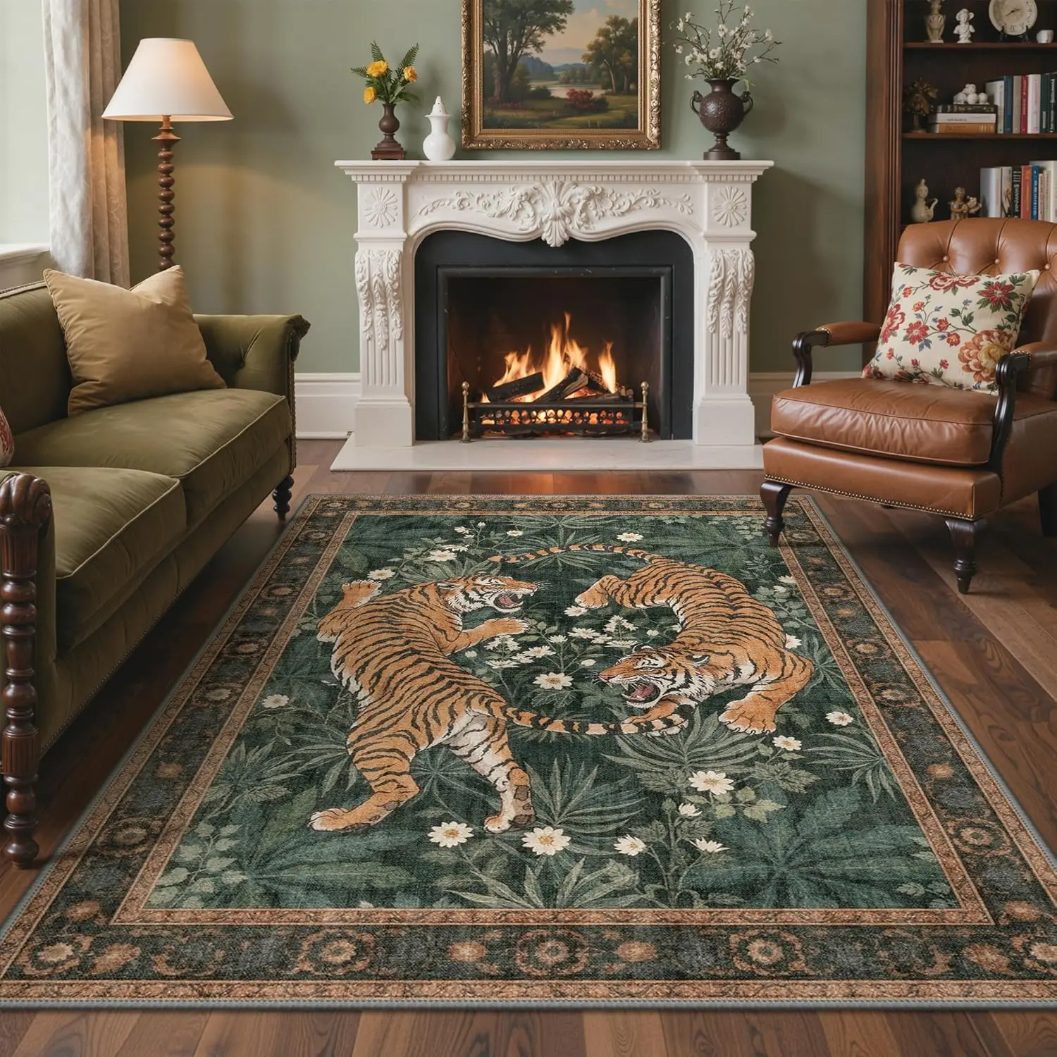 【Back To School】GENIMO Tiger Area Rugs, Boho Vintage Oriental Living Room Rug, Non Slip Washable Rug Stain Resistant, Low Pile Thin Soft Animal Botanical Carpet for Bedroom, Dining Room, Office, Green